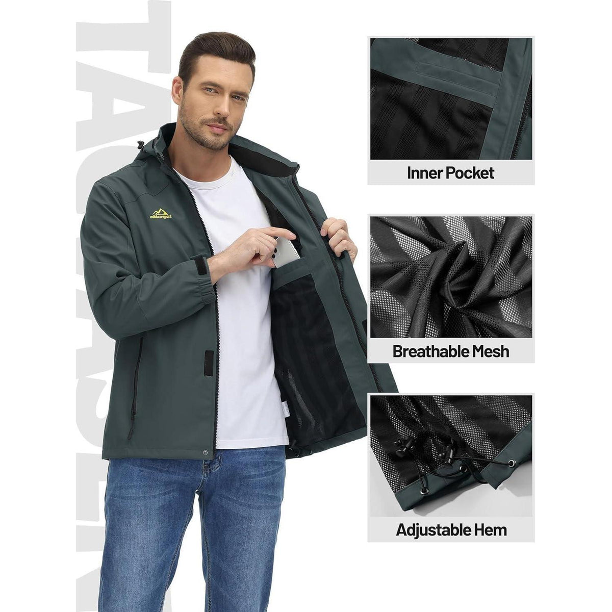 Herren Outdoorjacke leicht wasserabweisend mit Kapuze Kohlengrau XXL