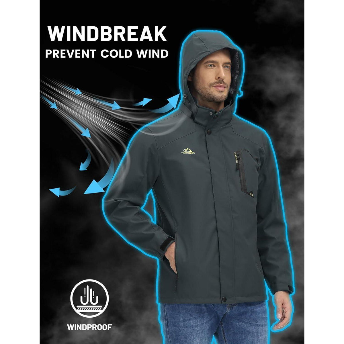 Herren Outdoorjacke leicht wasserabweisend mit Kapuze Kohlengrau