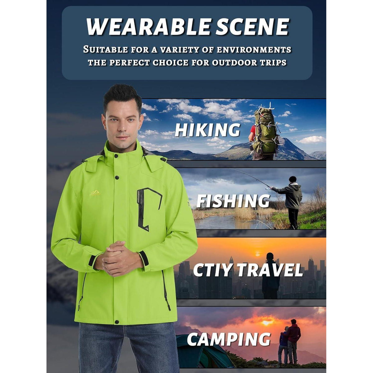 Herren Outdoorjacke Wasserabweisend Neongrün mit Kapuze