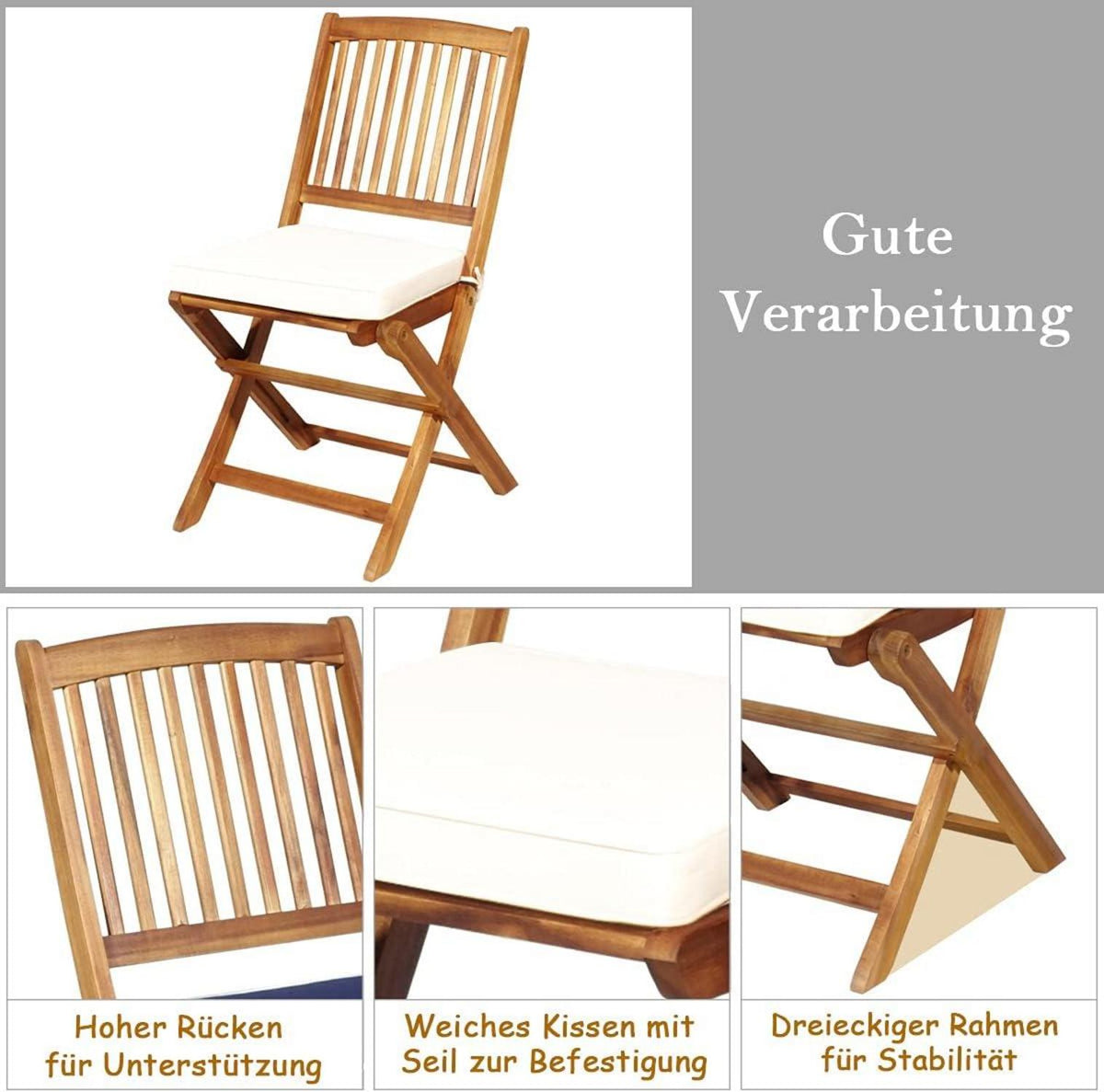 3tlg. Gartenmöbel Set aus Akazienholz mit klappbaren Stühlen und
