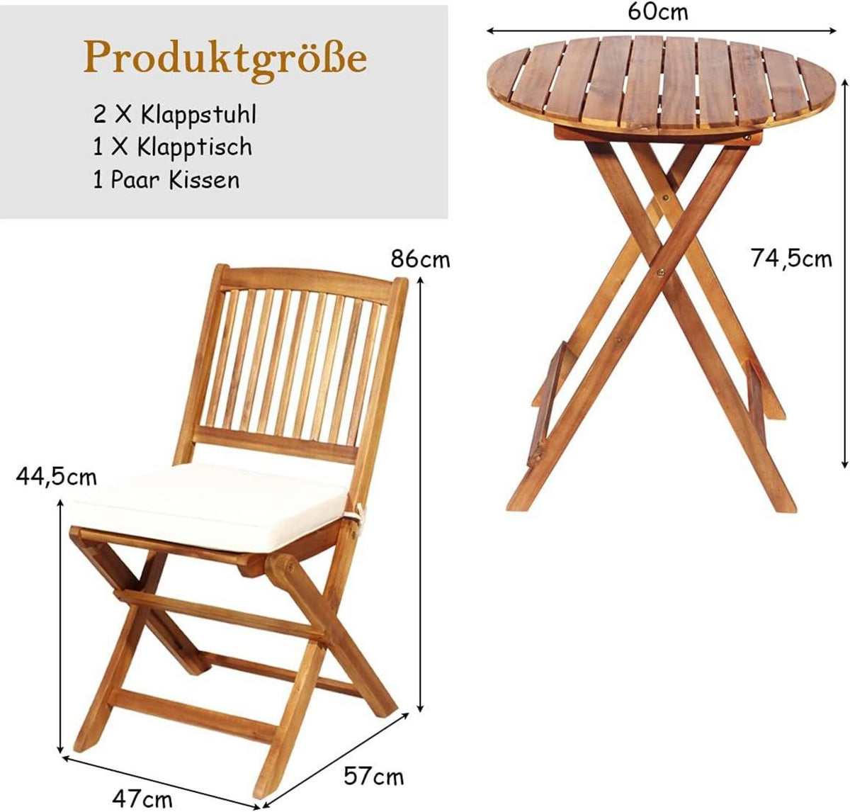 3tlg. Gartenmöbel Set Akazienholz klappbar Rundtisch Stühle Kissen