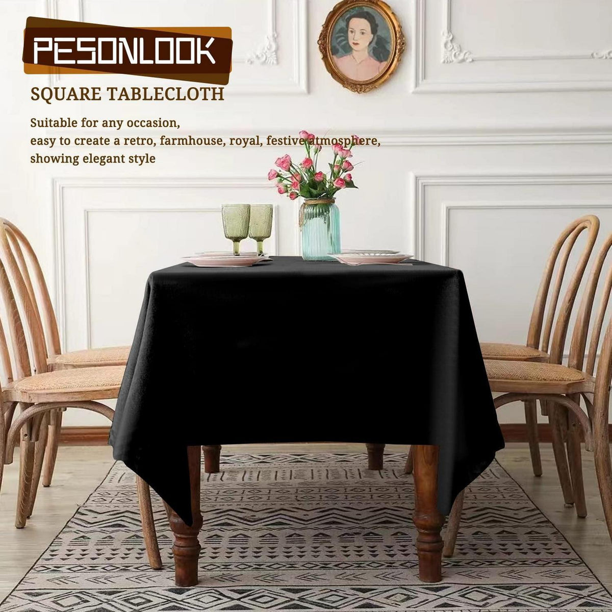 Schwarze Tischdecke 132x132cm - 6er Set | Polyester, Waschbar, Party