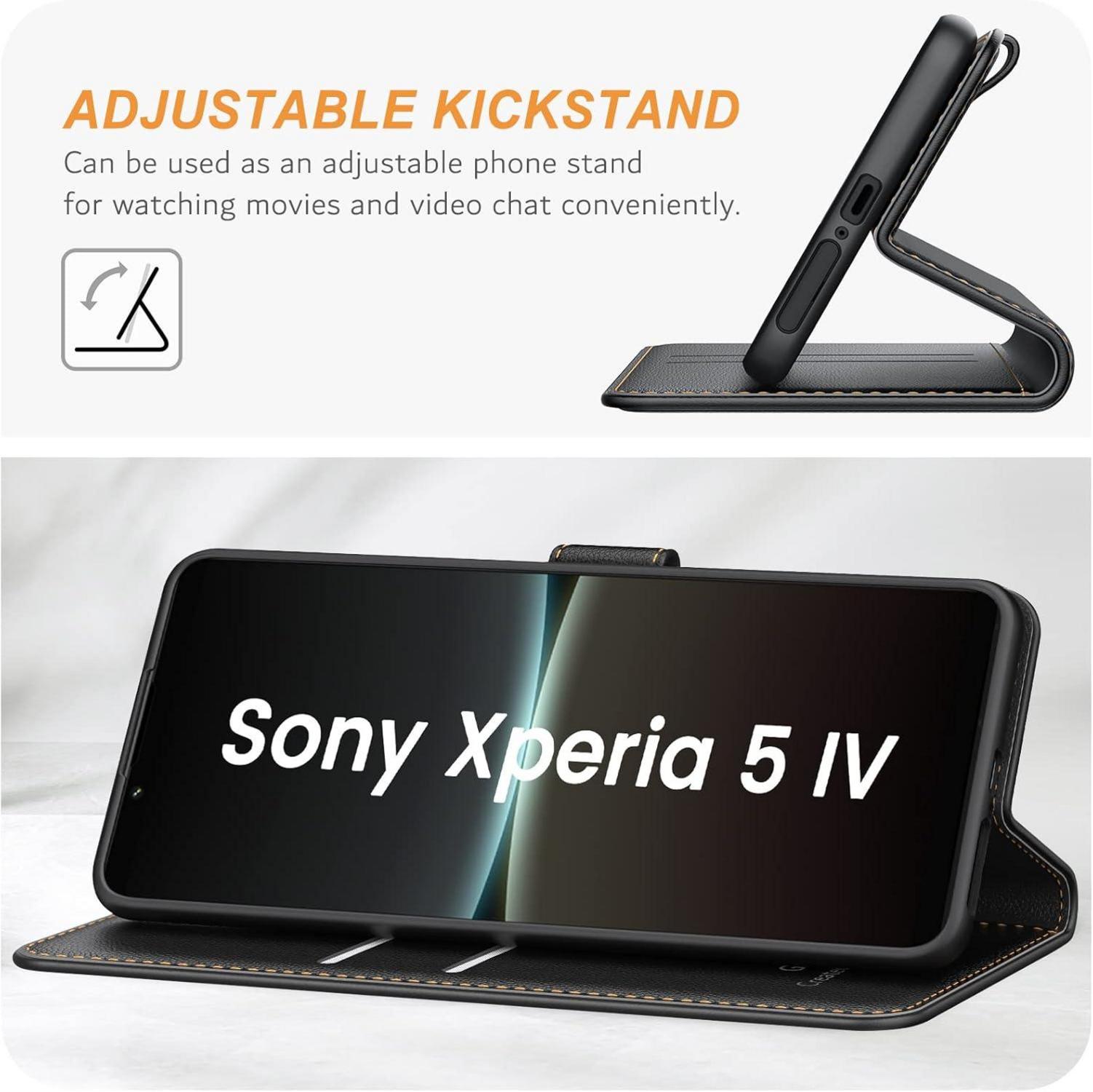 Sony Xperia 5 IV Handyhülle Leder Klapphülle Schwarz mit Kartenschlitzen