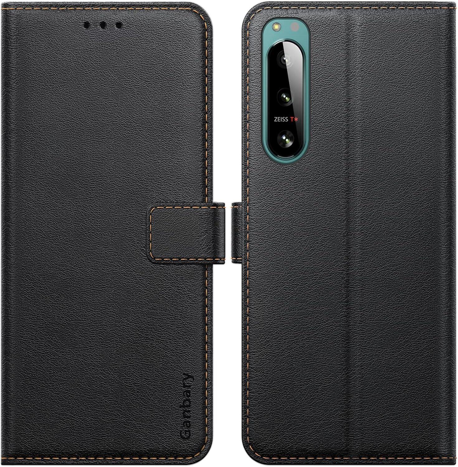 Sony Xperia 5 IV Handyhülle Leder Klapphülle Schwarz mit Kartenschlitzen