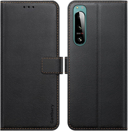 Sony Xperia 5 IV Handyhülle Leder Klapphülle Schwarz mit Kartenschlitzen