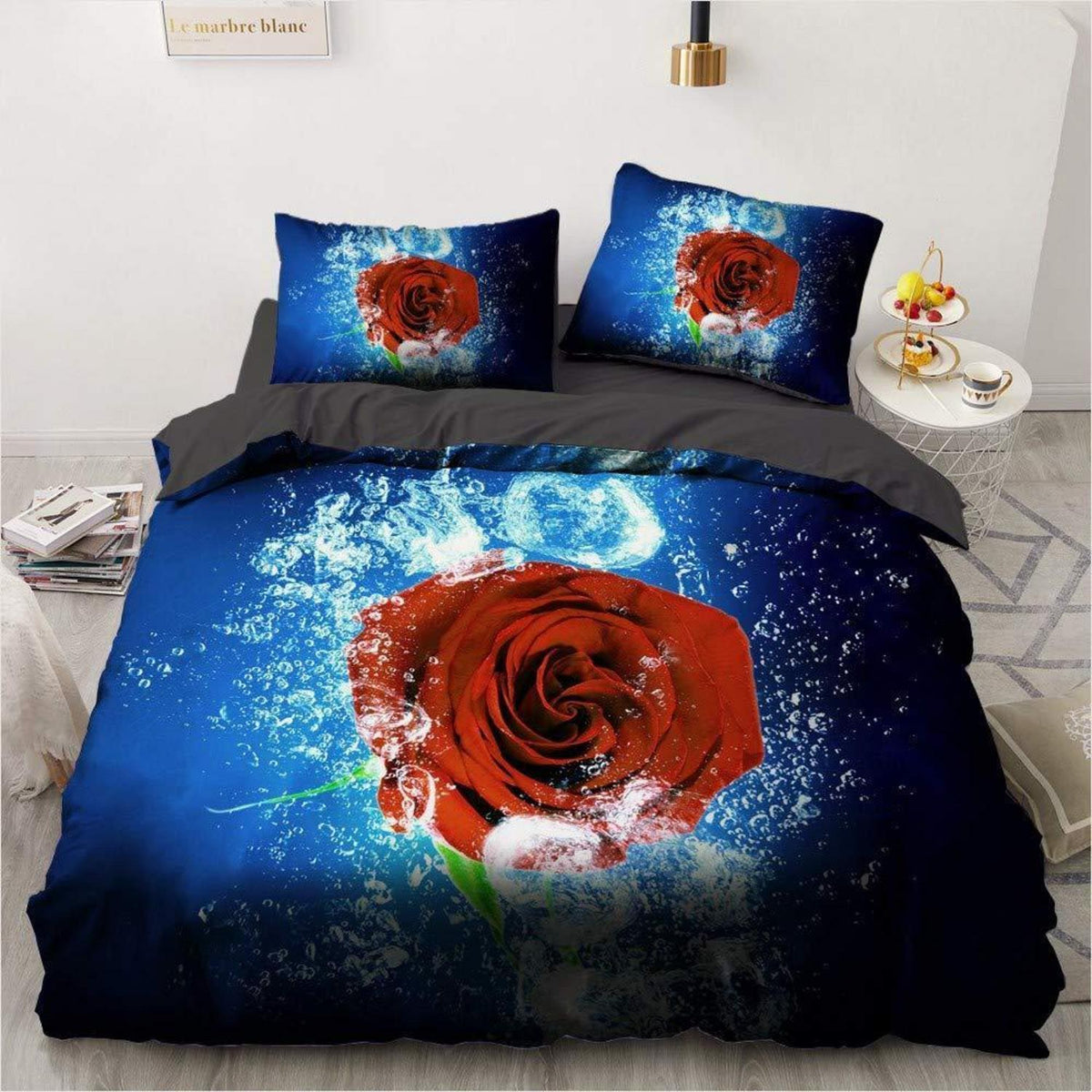3D Rosen Bettwäsche Set Blau 135x200cm - Vintage Blumen Design