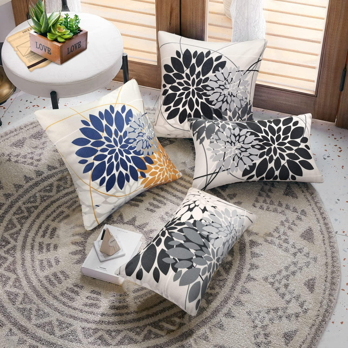 Herbst Kissenbezug 30x50 - Geometrie Dahlie Schwarz Grau 2er Set