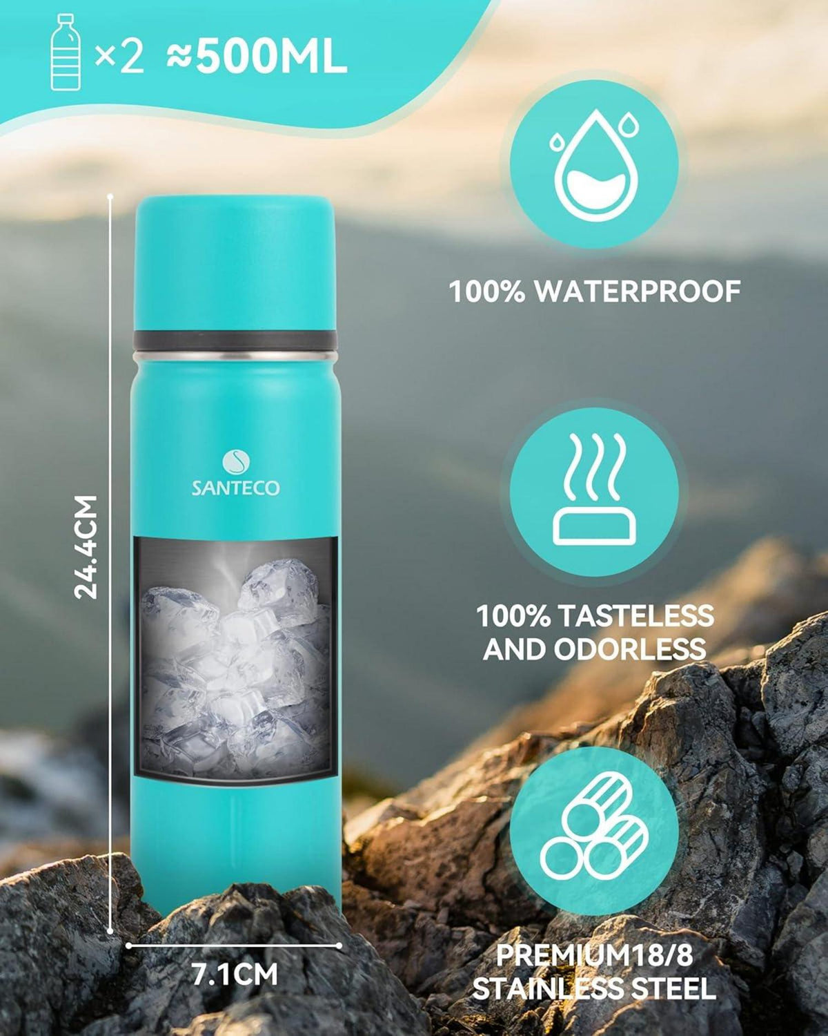 SANTECO 1l Thermoskanne Edelstahl Trinkflasche Auslaufsicher Isolierflasche 24H Kalt 12H Warm Dschungelgrün