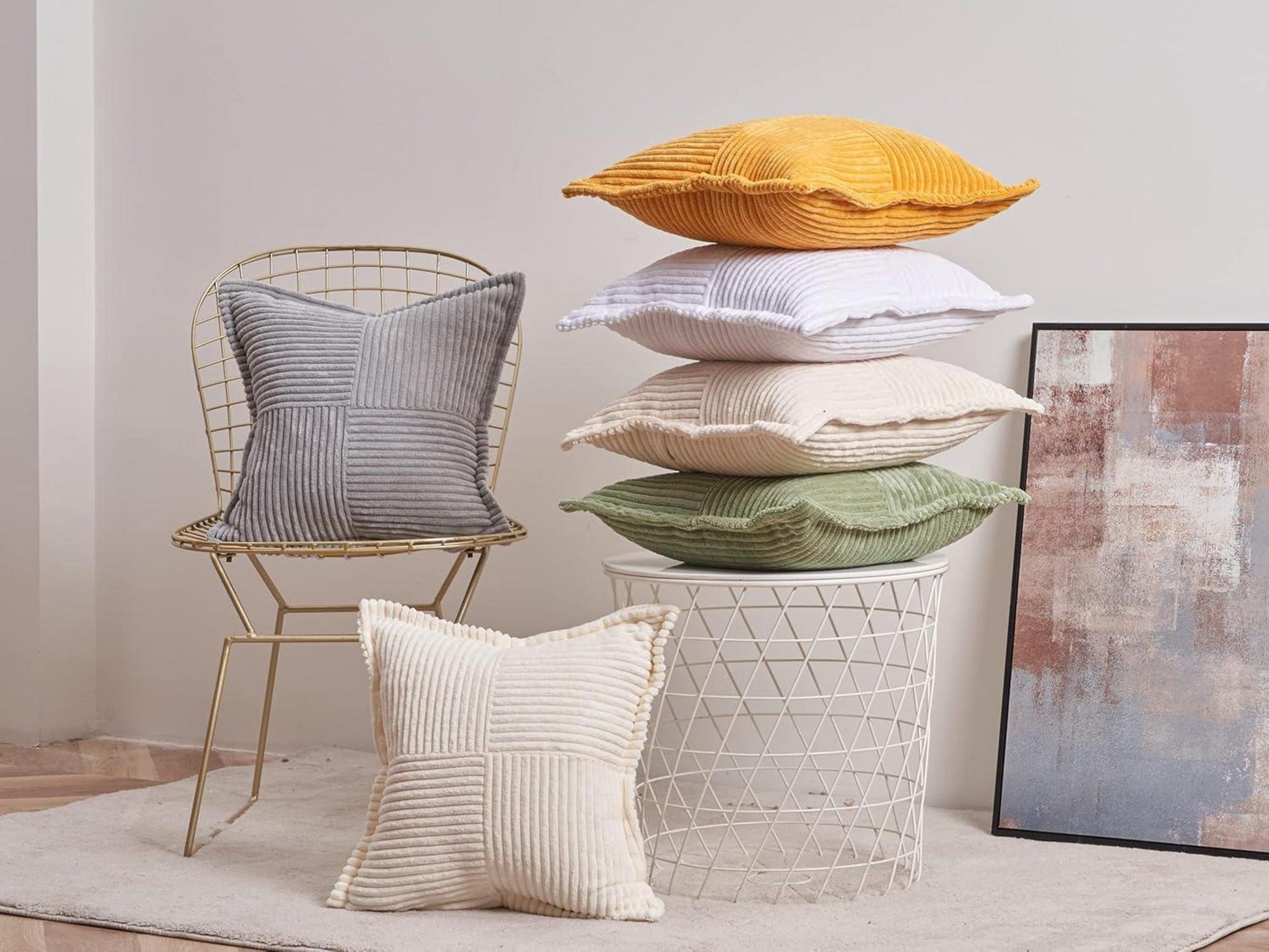 Kordsamt Kissenbezüge 40x40cm Creme 2er Set für Sofa Wohnzimmer