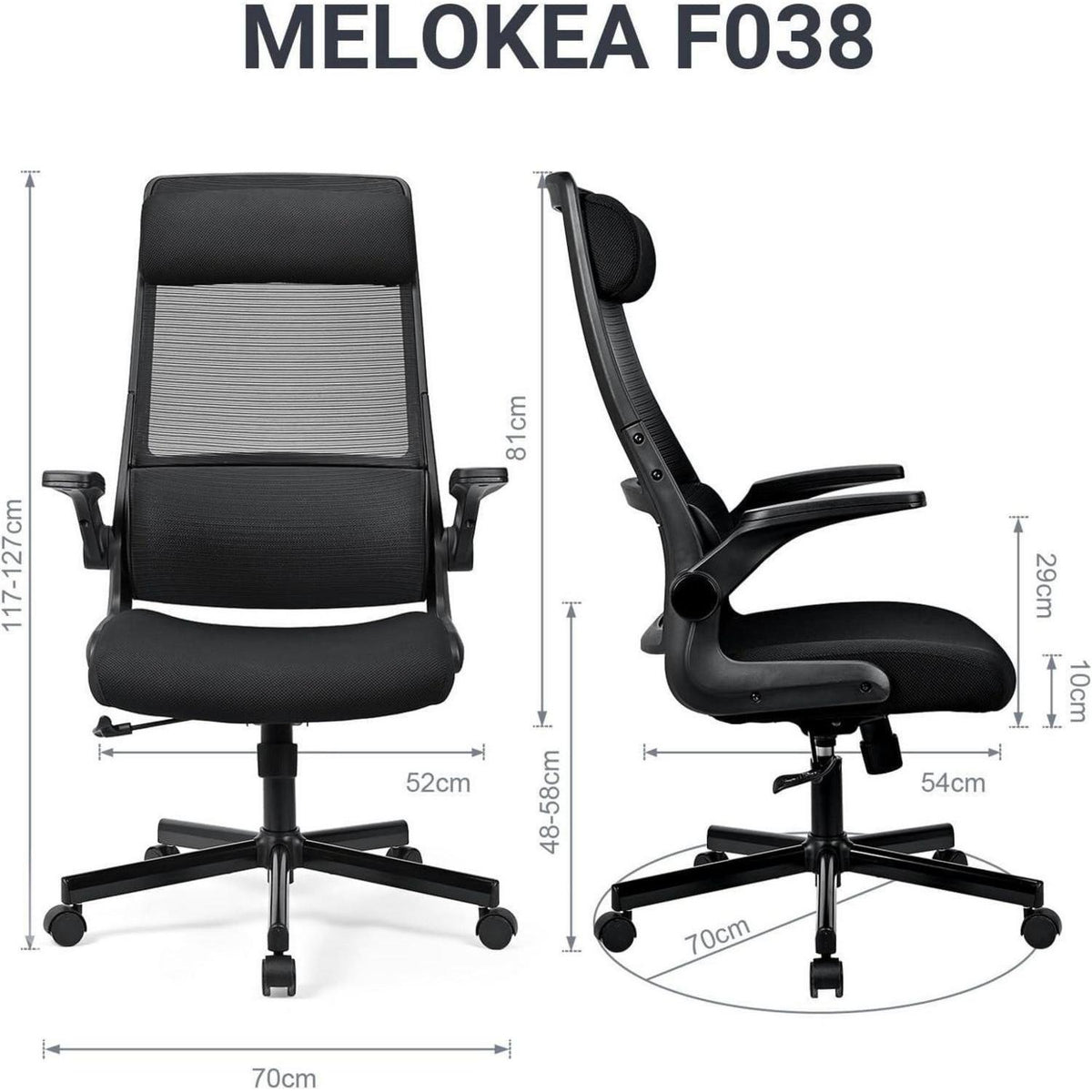 Ergonomischer Bürostuhl mit Netzrücken und verstellbarer Kopfstütze (Schwarz)