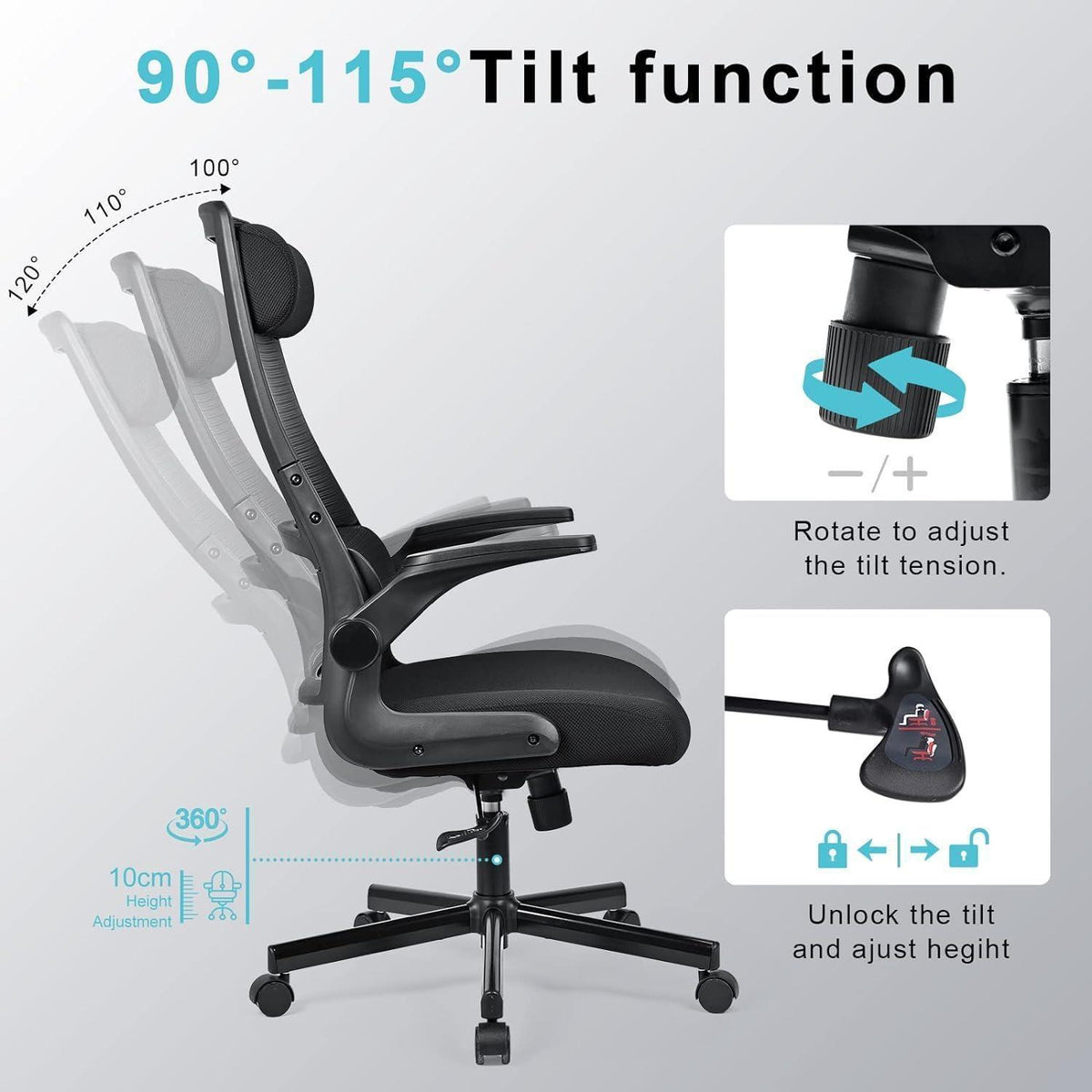 Ergonomischer Bürostuhl mit Netzrücken und verstellbarer Kopfstütze (Schwarz)