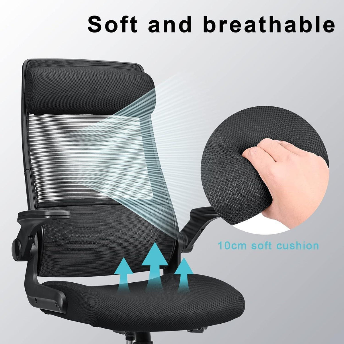 Ergonomischer Bürostuhl mit Netzrücken und verstellbarer Kopfstütze (Schwarz)