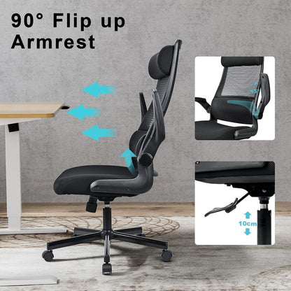 Ergonomischer Bürostuhl mit Netzrücken und verstellbarer Kopfstütze (Schwarz)
