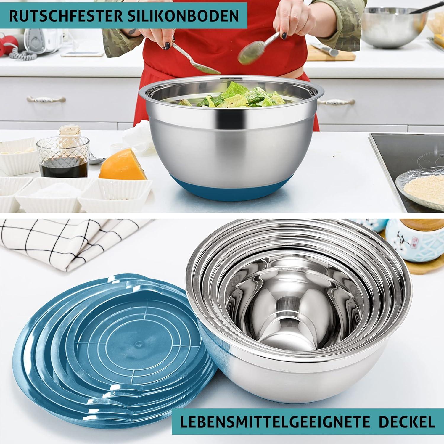 Edelstahl Salatschüsselset mit Blauem Deckel