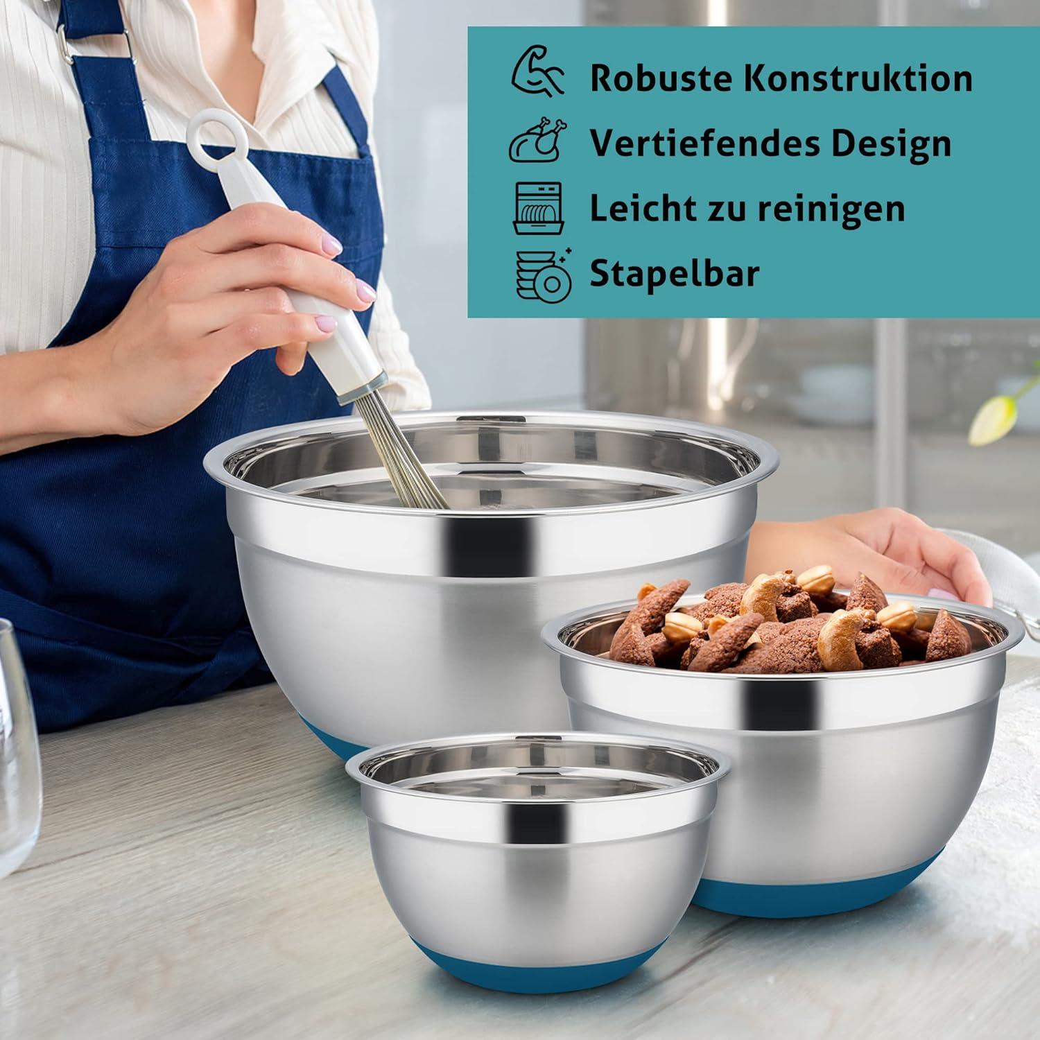 Edelstahl Salatschüsselset mit Blauem Deckel & Silikonboden, 5-teilig