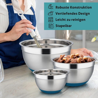 Edelstahl Salatschüsselset mit Blauem Deckel & Silikonboden, 5-teilig