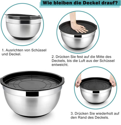 5-teiliges Edelstahl Salatschüsselset mit blauem Deckel & rutschfestem