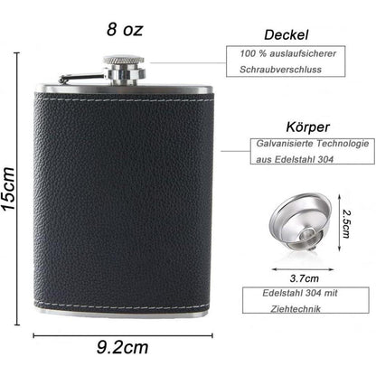 Edelstahl Flachmann Set 2x 8oz mit Trichter & Etui in Lederoptik
