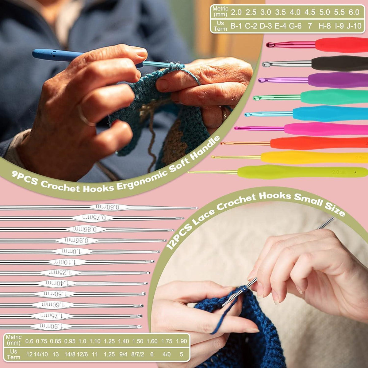 55-teiliges Häkelnadelset mit Etui und Ergonomische Nadeln