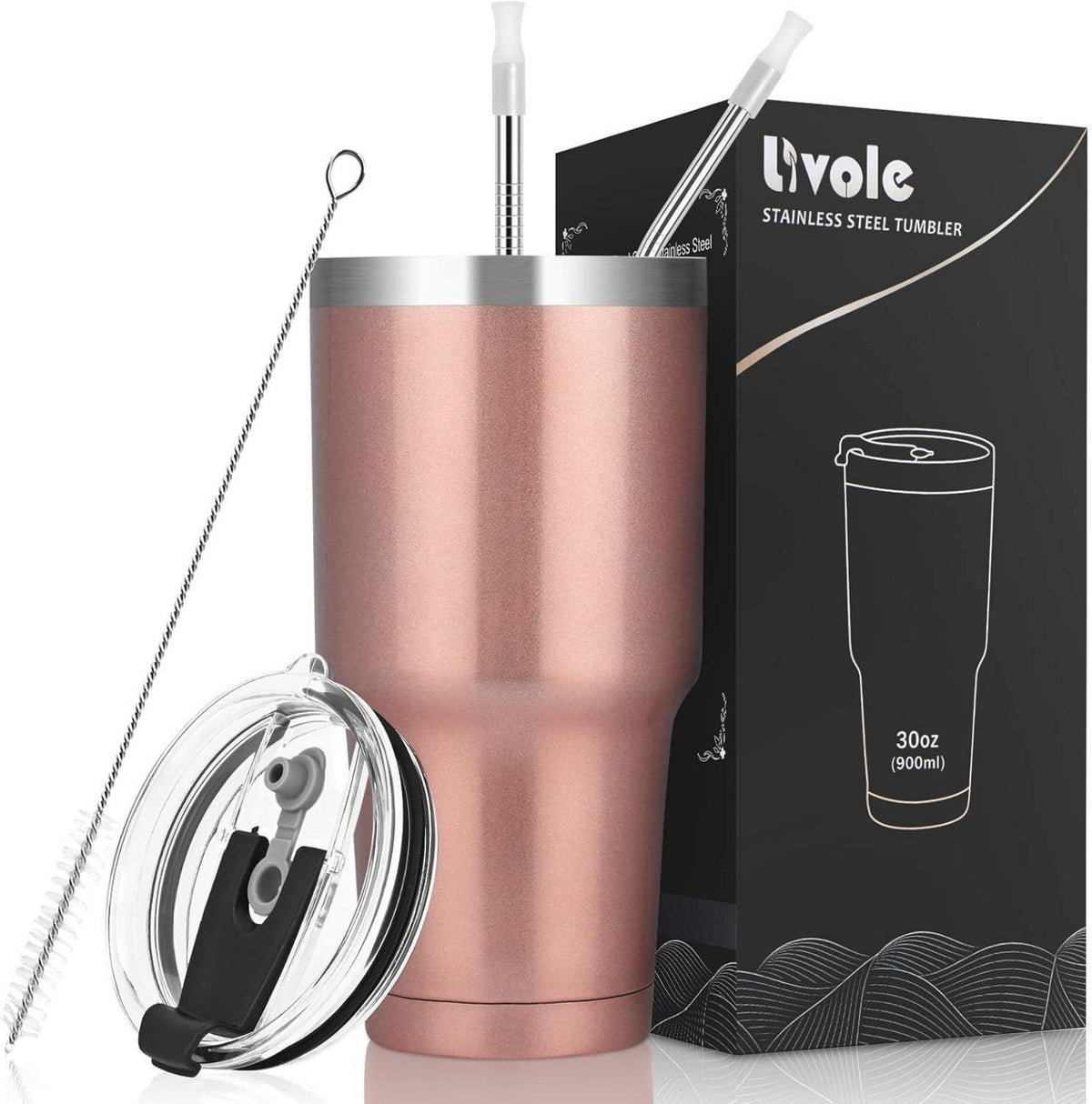 Livole 30oz Doppelwandiger Edelstahl Thermobecher mit Strohhalm
