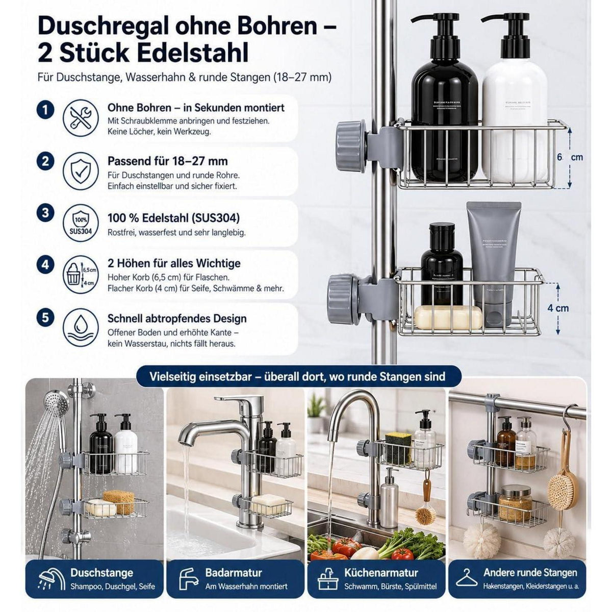 Duschregal Edelstahl ohne Bohren – 2er Set für Badezimmer & Küche