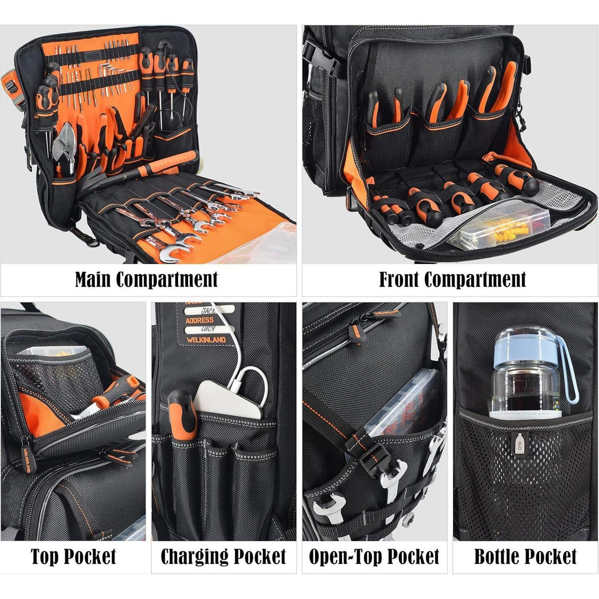 Werkzeugrucksack mit 44 Taschen, vollständig zu öffnen, orangefarbenes Innenfutter