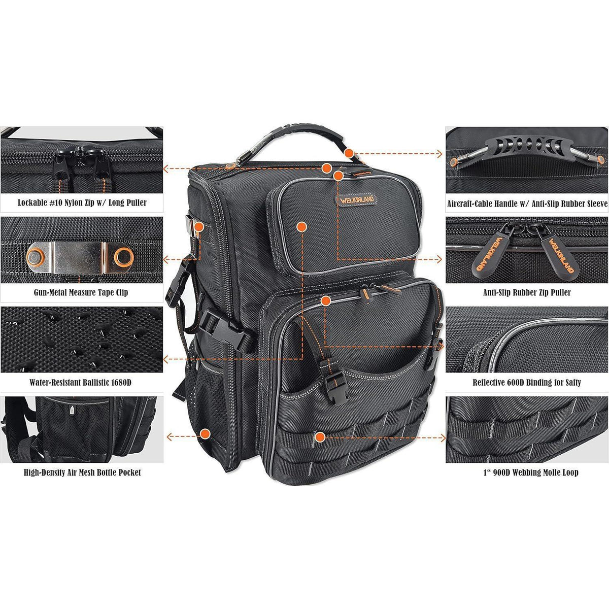 Werkzeugrucksack mit 44 Taschen, vollständig zu öffnen, orangefarbenes Innenfutter