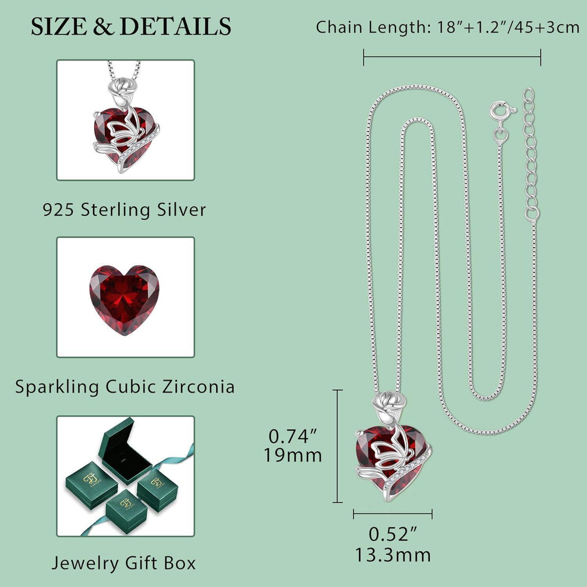 Geburtsstein Kette Damen 925 Sterling Silber Schmetterling Rose Blume Granat