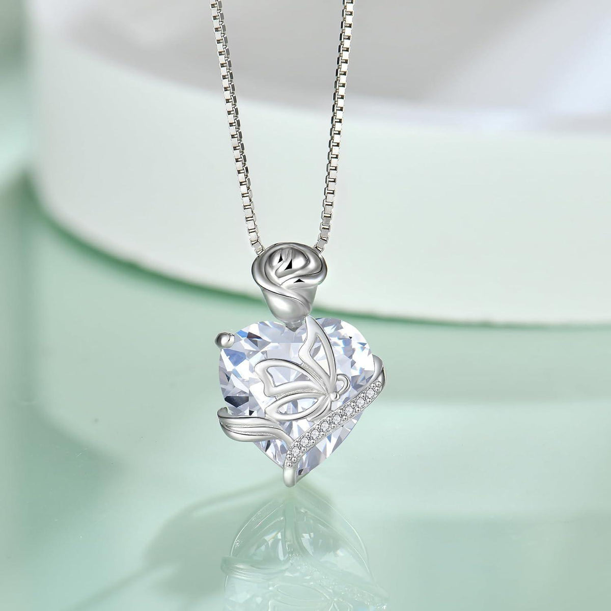 Geburtsstein Kette Damen 925 Sterling Silber Schmetterling Rose Blume Zirkonia