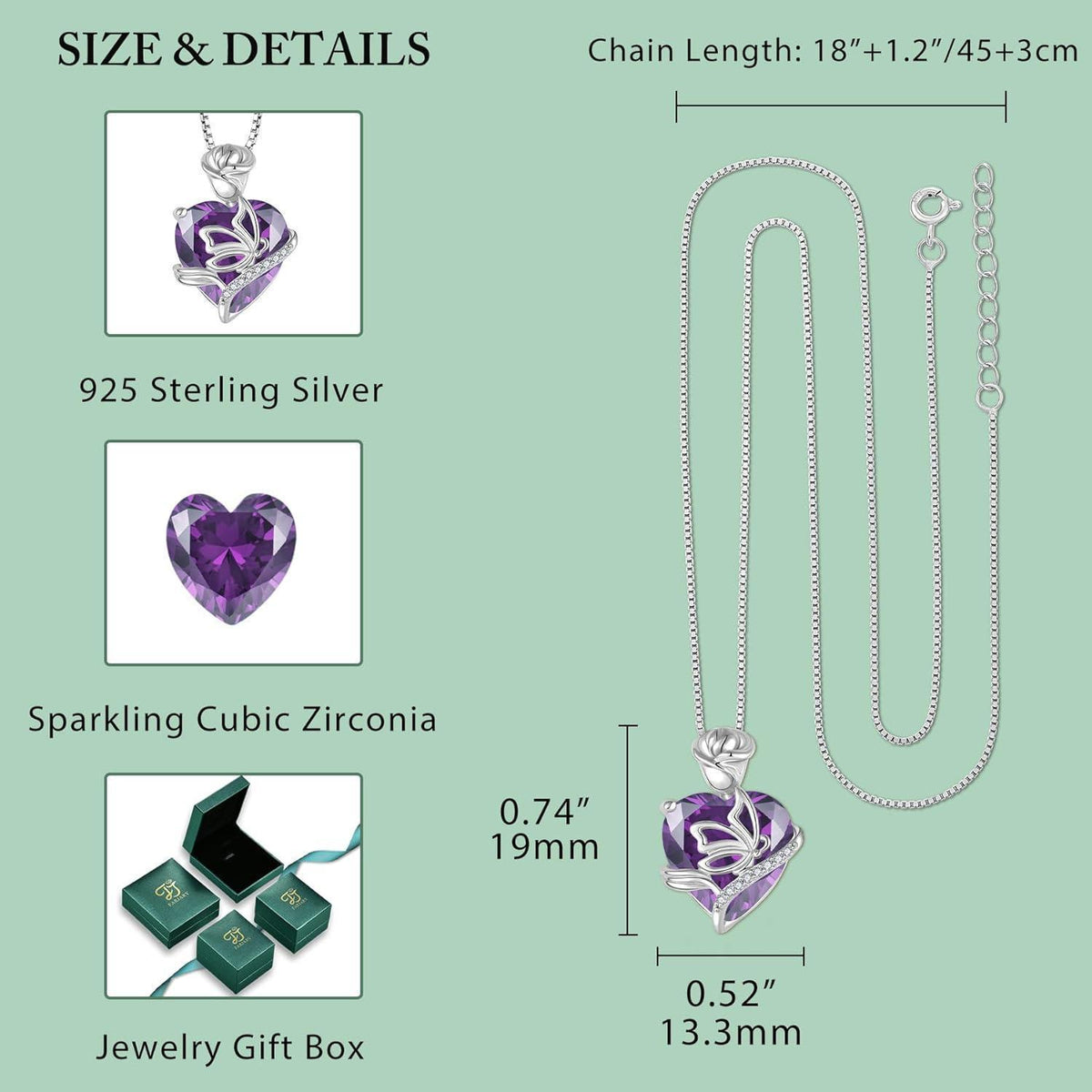 Geburtsstein Kette Damen 925 Sterling Silber Amethyst Schmetterling Blume