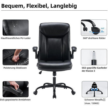 Bürostuhl Ergonomisch Schreibtischstuhl Schwarz PU Leder