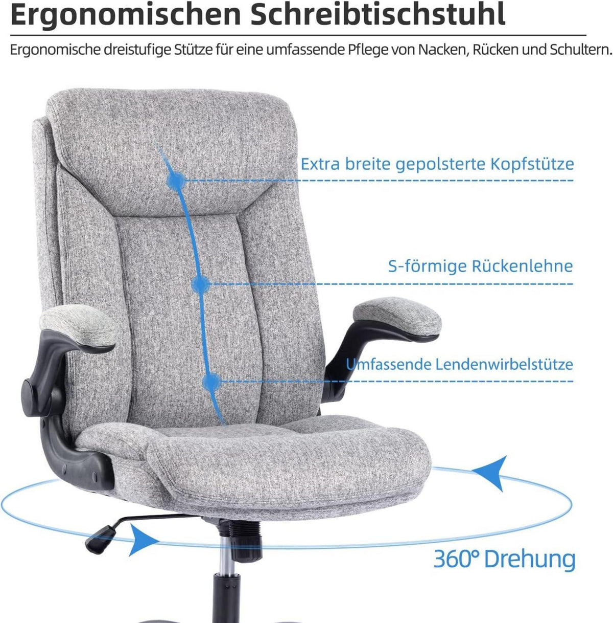 Ergonomischer Bürostuhl mit höhenverstellbarer Armlehne, grauer Stoff