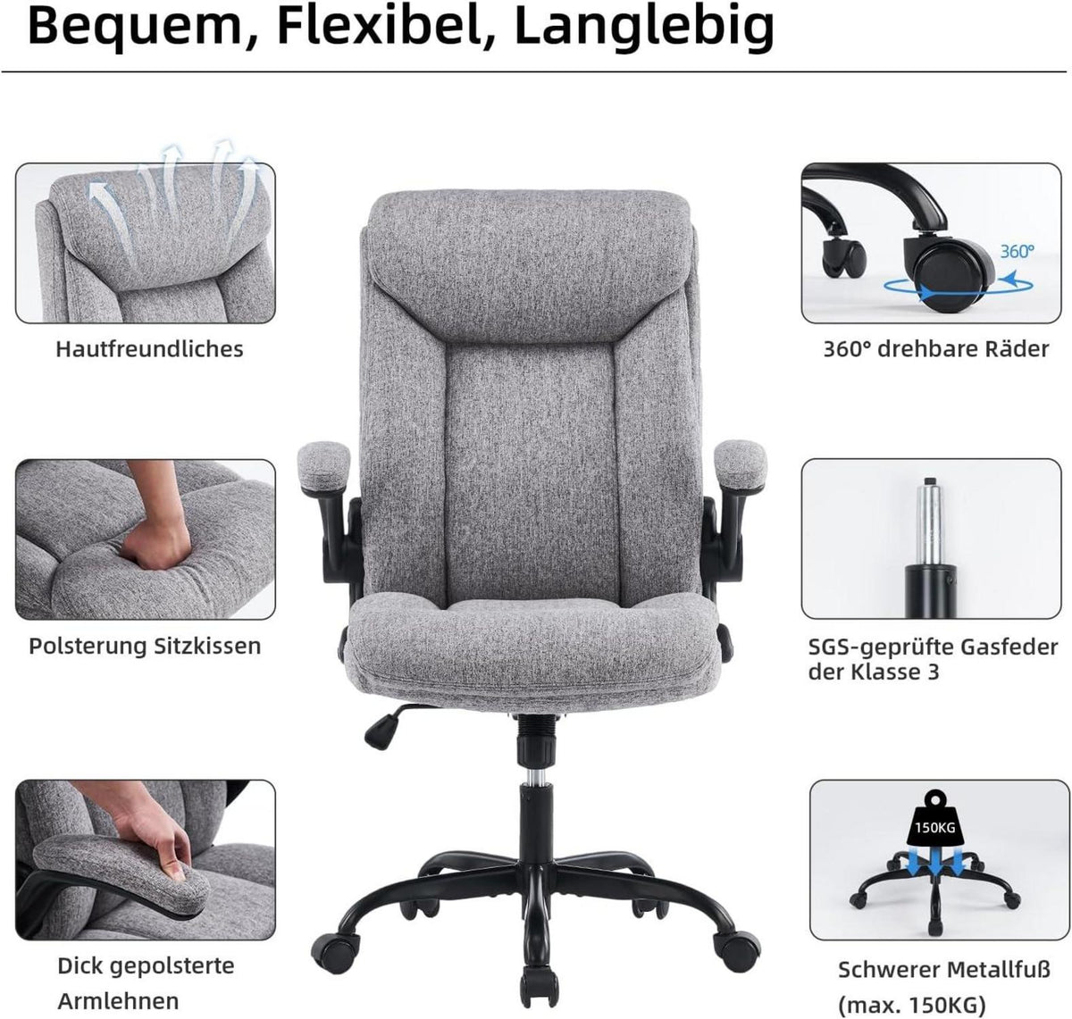 Ergonomischer Bürostuhl mit höhenverstellbarer Armlehne, grauer Stoff