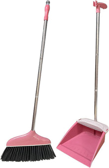 Besen und Kehrschaufel Set mit langem Stiel und rosa