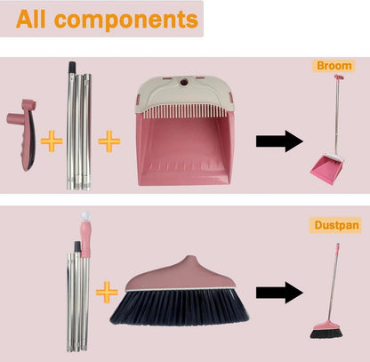Besen und Kehrschaufel Set, vertikal mit langem Stiel, Haushaltsreinigungsset, Rosa