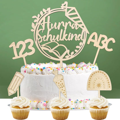 Tortendeko Einschulung 6 STK Cake Topper Schulkind Holz Kuchendeko