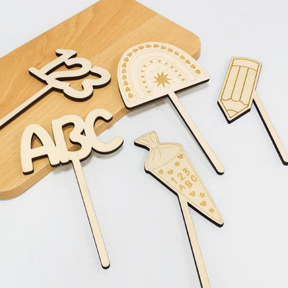 Universelle Einschulung Cake Topper Holz Kuchendeko Schule ABC 123 Mädchen Junge-Geschenk