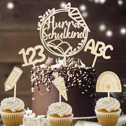 Einschulung Tortendeko 6 STK Cake Topper Holz Schulanfang Mädchen Junge 2024
