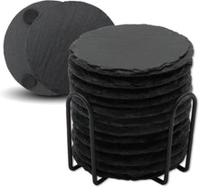 Schiefer Untersetzer 12er Set mit Halter - Rund 10,2 cm - Schwarz