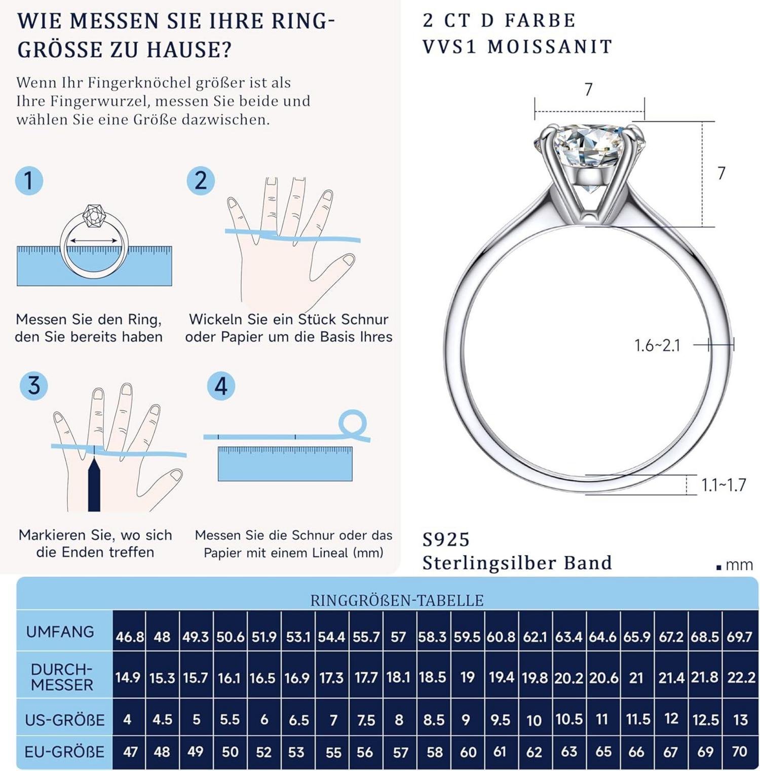Verlobungsring Damen 1-2 Karat Moissanite Solitär Silber D VVS1