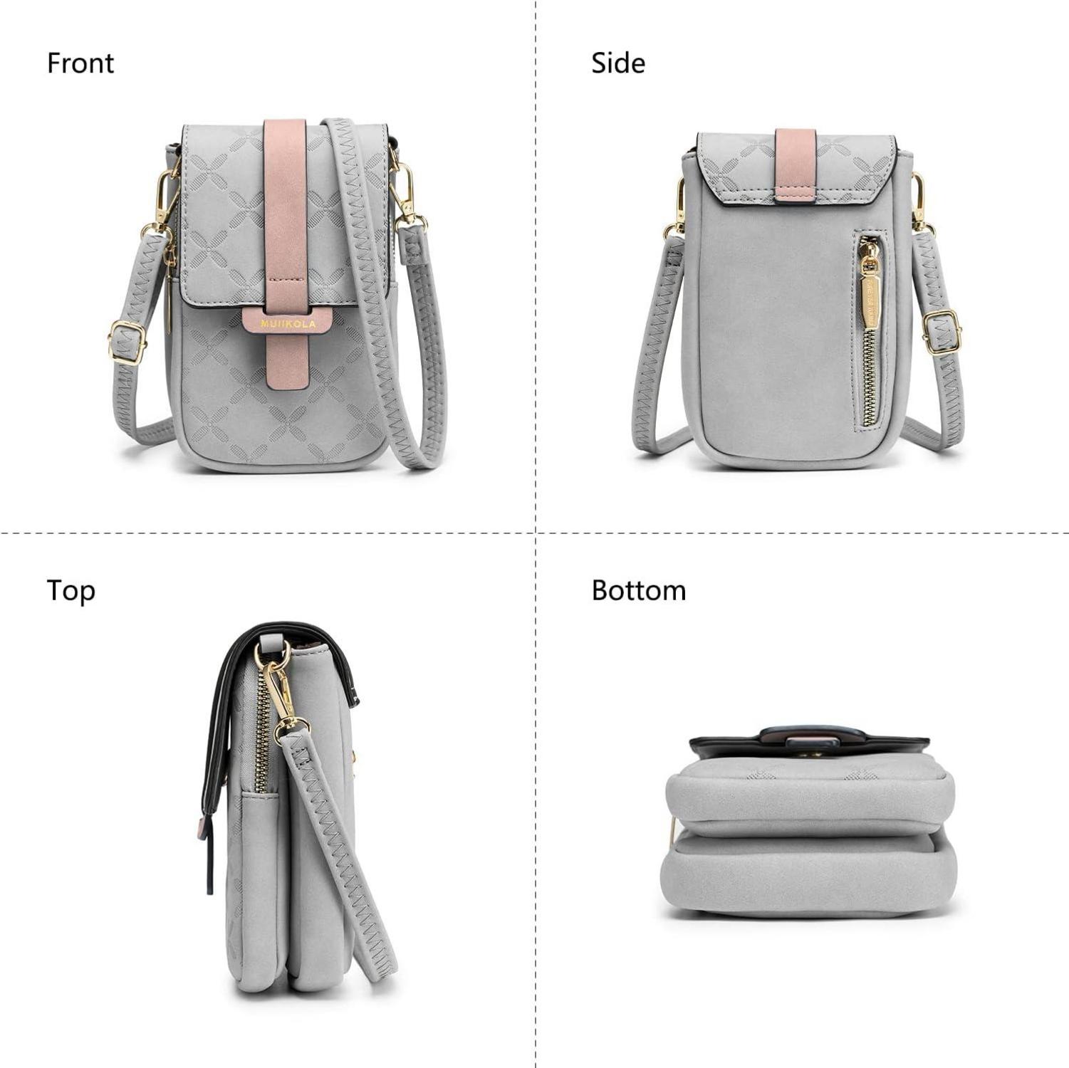 MUIIKOLA Damen Handytasche RFID Leder Umhängetasche groß Neu-Grau