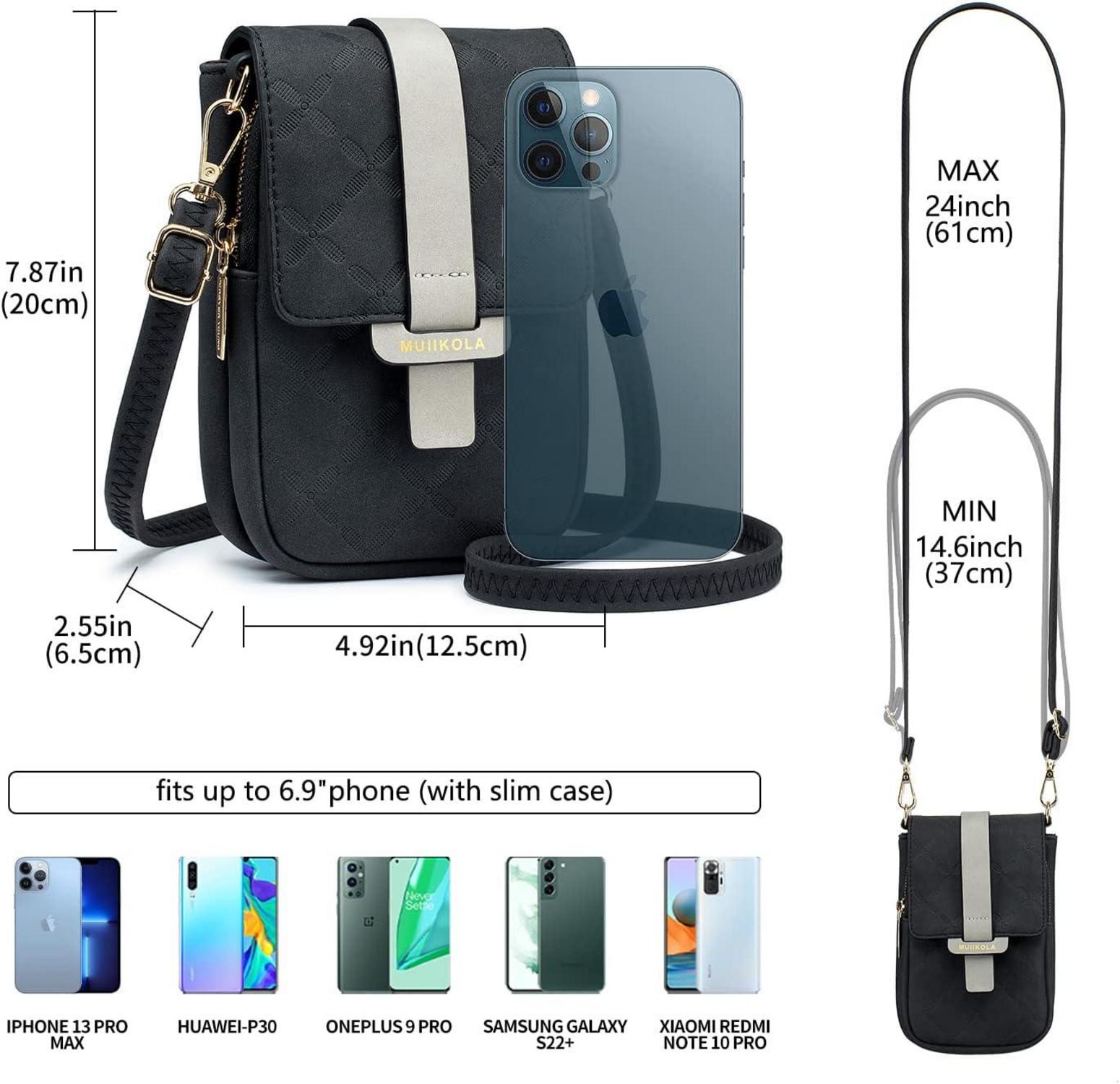 MUIIKOLA Handytasche Umhängetasche Damen RFID Vegan Leder große Kapazität Schwarz