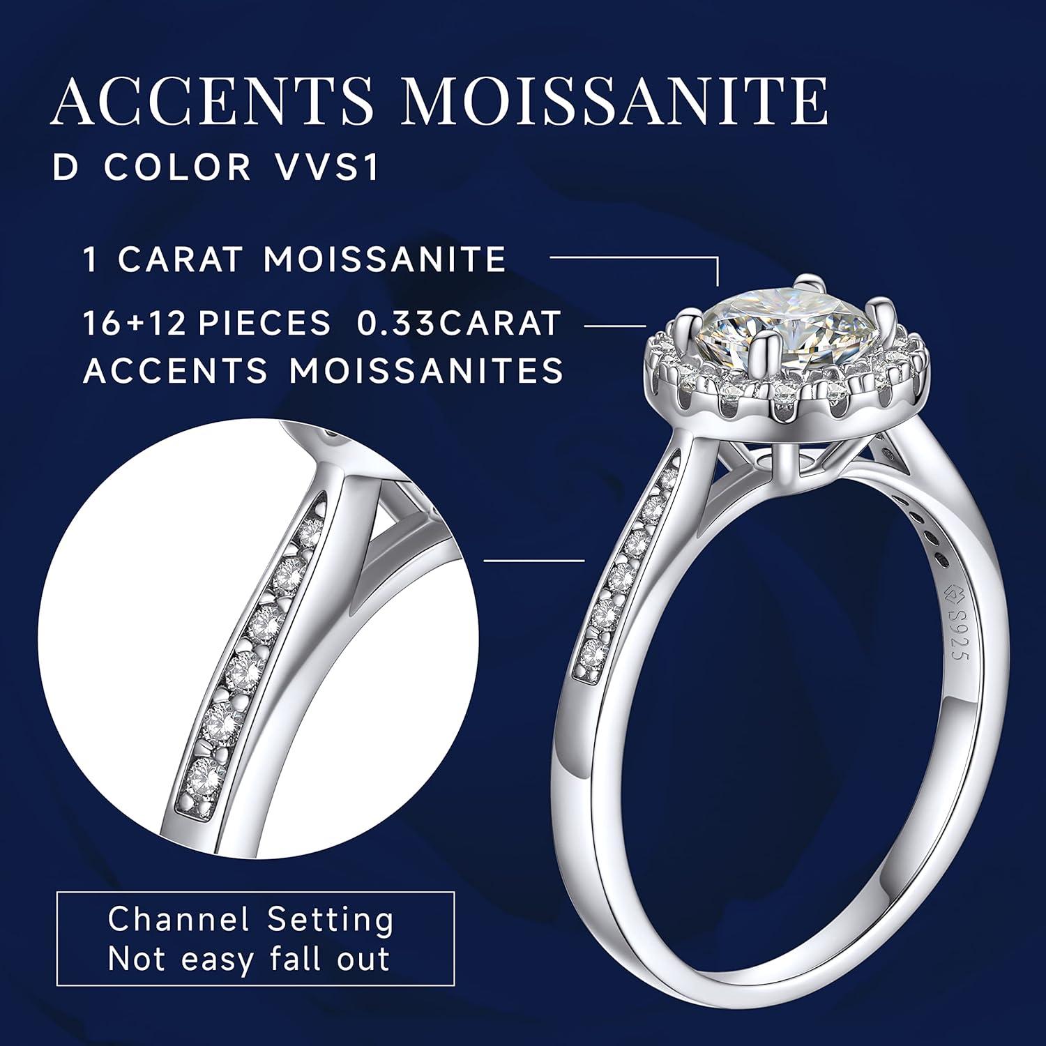 Verlobungsring Damen Silber 925 1 Karat Moissainte Halo Valentinstag Geschenk