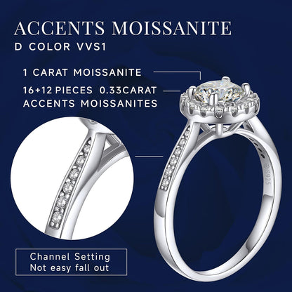 Verlobungsring Damen Silber 925 1 Karat Moissainte Halo Valentinstag Geschenk