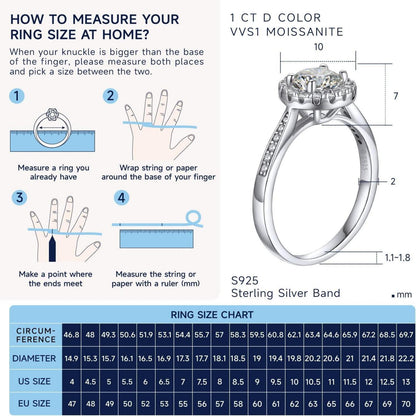 Verlobungsring Damen Silber 1 Karat Moissainte Halo Geschenkbox