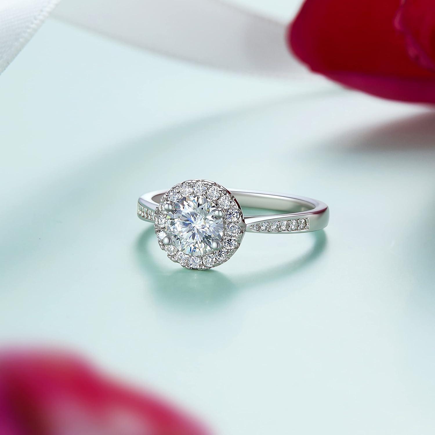 Verlobungsring Damen Silber 925 1 Karat Moissainte Halo Valentinstag Geschenk
