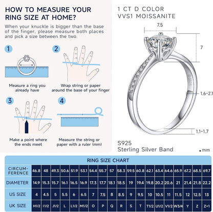 Verlobungsring Damen 1 Karat Moissanite Diamant Ring 925 Sterling