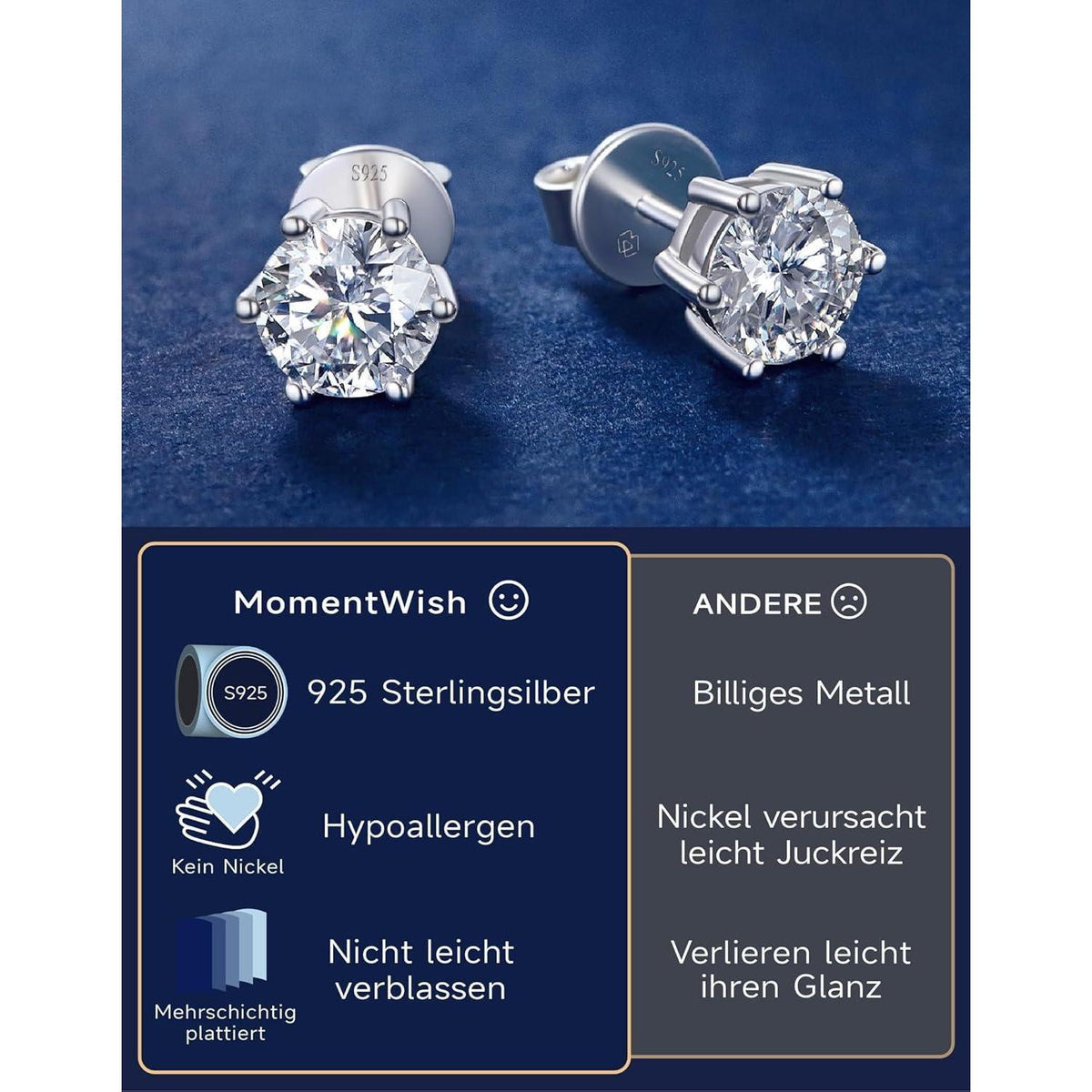 Moissanit Ohrstecker Silber 925 2 Karat 6.5mm 6-Zacken-Fassung