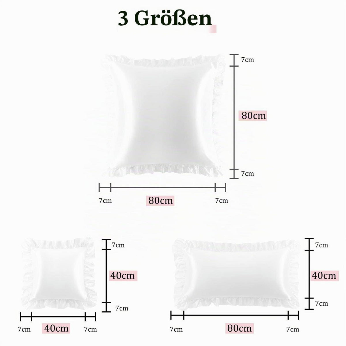 Satin Kissenbezug 2er Set mit Rüschen, 40x40cm Weiß