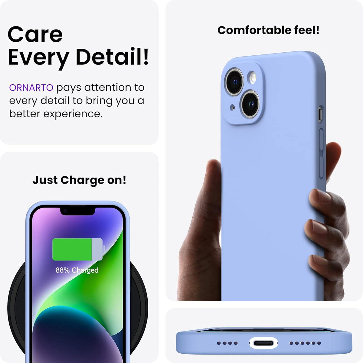 ORNARTO iPhone 14 Plus Hülle 6,7 Zoll 2022 + Panzerglasfolie Gel Silikon Case Hellblau